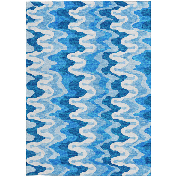 3' X 5' Sky Blue Denim Blue And Ivory Abstract Washable Indoor Outdoor Area Rug