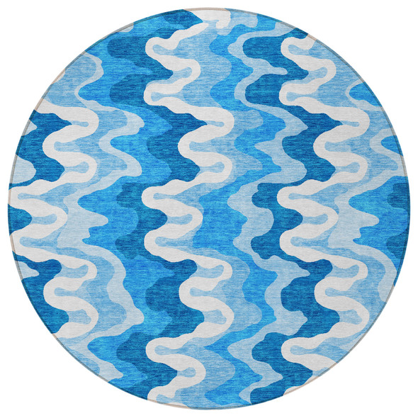 8' Sky Blue Denim Blue And Ivory Round Abstract Washable Indoor Outdoor Area Rug
