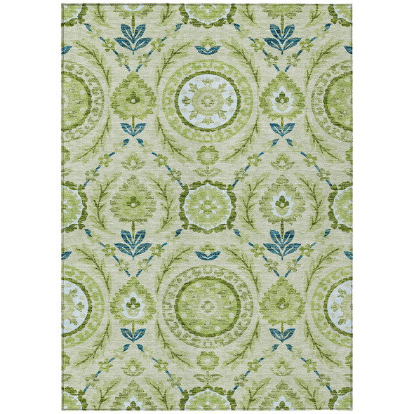 3' X 5' Artichoke Green Olive Green And Blue Floral Washable Indoor Outdoor Area Rug