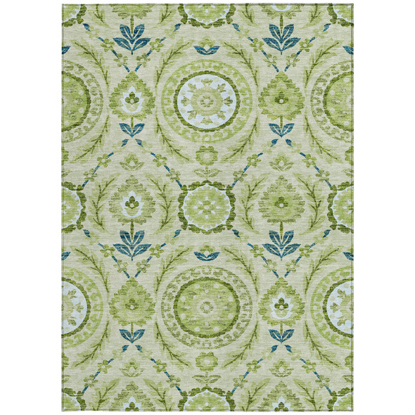 5' X 8' Artichoke Green Olive Green And Blue Floral Washable Indoor Outdoor Area Rug