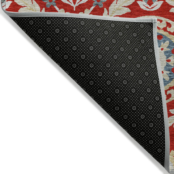 10' X 14' Red Beige And Navy Blue Floral Washable Indoor Outdoor Area Rug