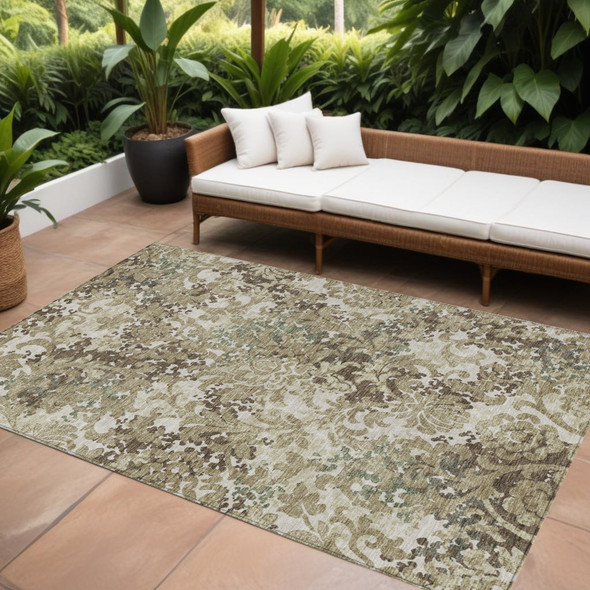 10' X 14' Beige Taupe And Brown Floral Washable Indoor Outdoor Area Rug