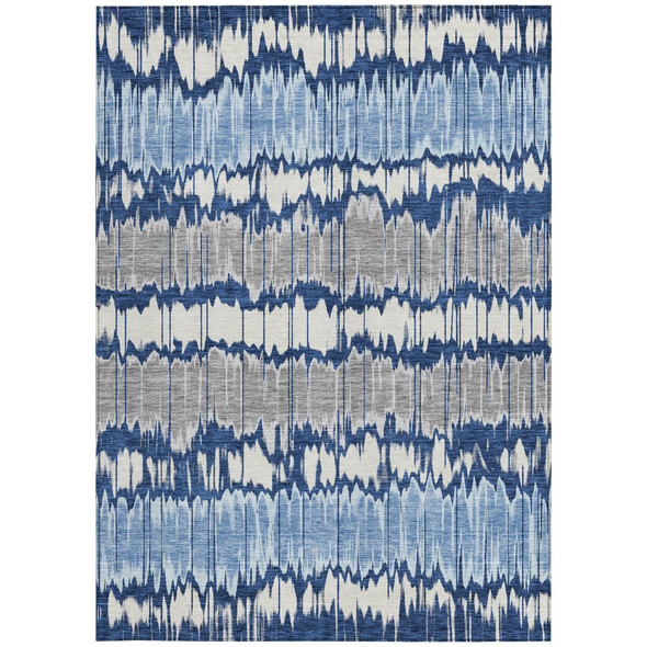 9' X 12' Navy Blue Ivory And Denim Blue Striped Washable Indoor Outdoor Area Rug