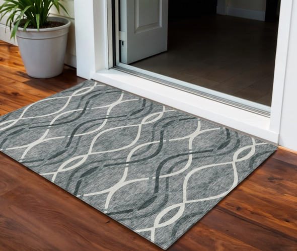 3' X 5' Gray Ivory And Charcoal Abstract Washable Indoor Outdoor Area Rug