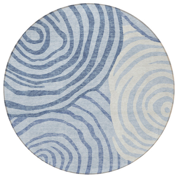 8' Sky Blue Denim Blue And Ivory Round Abstract Washable Indoor Outdoor Area Rug