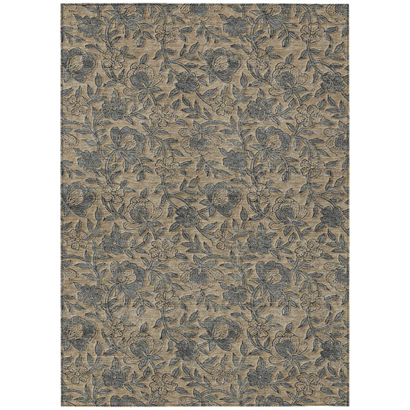 10' X 14' Khaki Beige And Gray Floral Washable Indoor Outdoor Area Rug