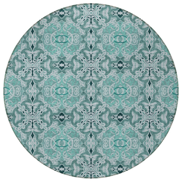 8' Teal Blue And Aqua Round Medallion Washable Indoor Outdoor Area Rug