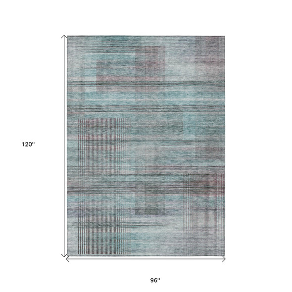 8' X 10' Teal Blue Gray And Charcoal Striped Washable Indoor Outdoor Area Rug