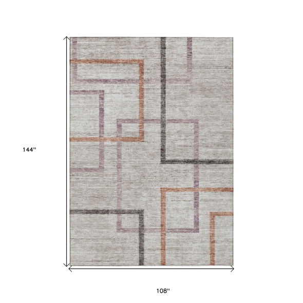 9' X 12' Taupe Charcoal And Copper Geometric Washable Indoor Outdoor Area Rug