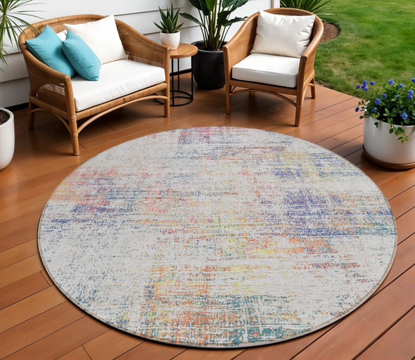 8' Ivory Orange And Blush Round Abstract Washable Indoor Outdoor Area Rug