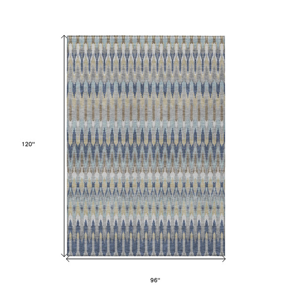 8' X 10' Taupe Navy Blue And Denim Blue Southwestern Washable Indoor Outdoor Area Rug