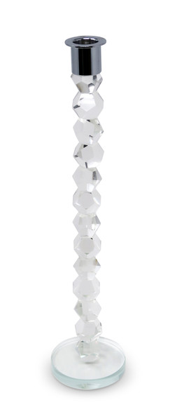 14" Clear And Silver Geo Stacks Crystal Tabletop Taper Candlestick