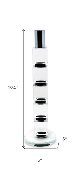 11" Silver Clear And Black Geo Crystal Tabletop Taper Candlestick