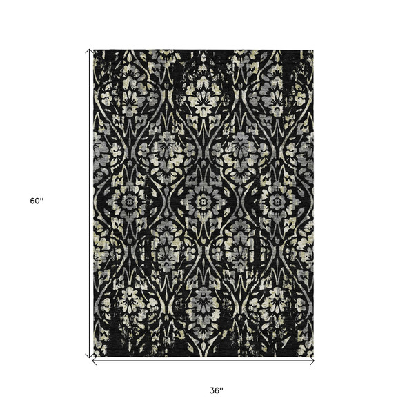 3' X 5' Black Gray And Ivory Floral Washable Indoor Outdoor Area Rug
