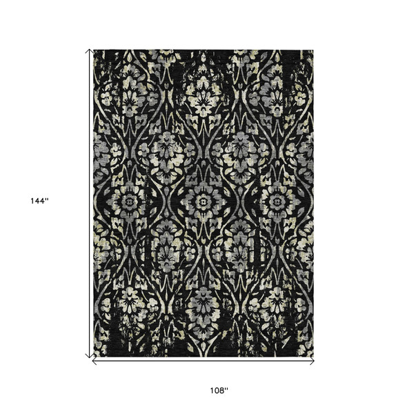 9' X 12' Black Gray And Ivory Floral Washable Indoor Outdoor Area Rug