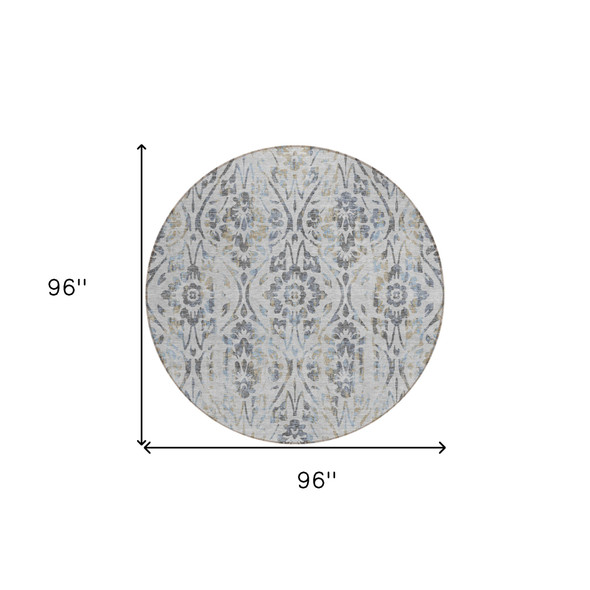 8' Gray Black And Green Round Floral Washable Indoor Outdoor Area Rug