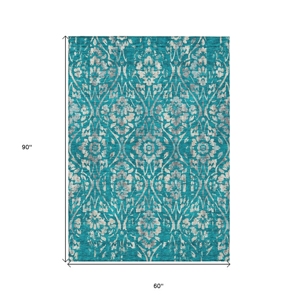 5' X 8' Teal Blue And Ivory Floral Washable Indoor Outdoor Area Rug