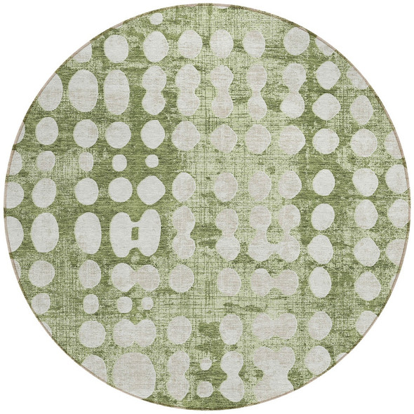 8' Artichoke Green And Ivory Round Abstract Washable Indoor Outdoor Area Rug