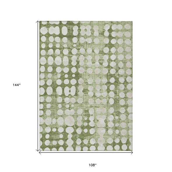 9' X 12' Artichoke Green And Ivory Abstract Washable Indoor Outdoor Area Rug