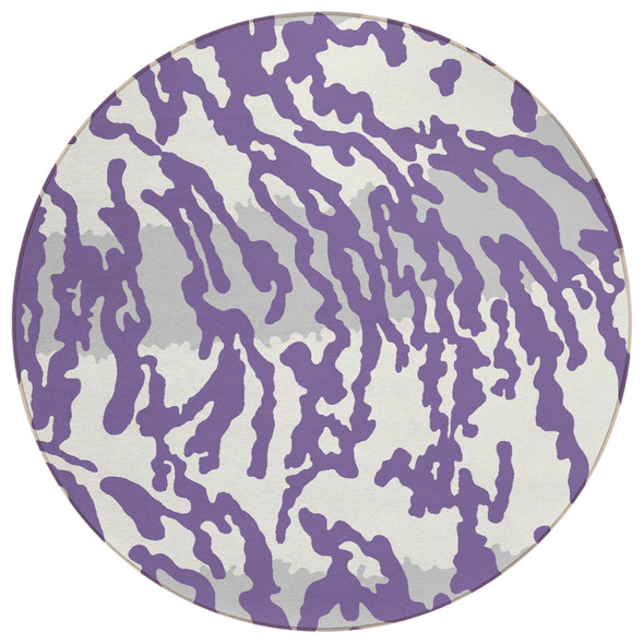 8' Purple Gray And Ivory Round Animal Print Washable Indoor Outdoor Area Rug