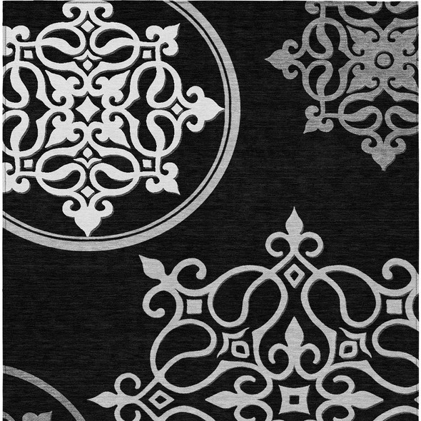 8' X 10' Black Gray And Ivory Floral Medallion Washable Indoor Outdoor Area Rug