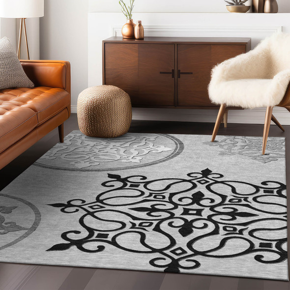8' X 10' Gray Black And White Floral Medallion Washable Indoor Outdoor Area Rug