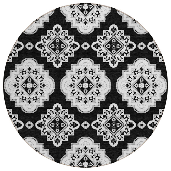 8' Black And Ivory Round Medallion Washable Indoor Outdoor Area Rug