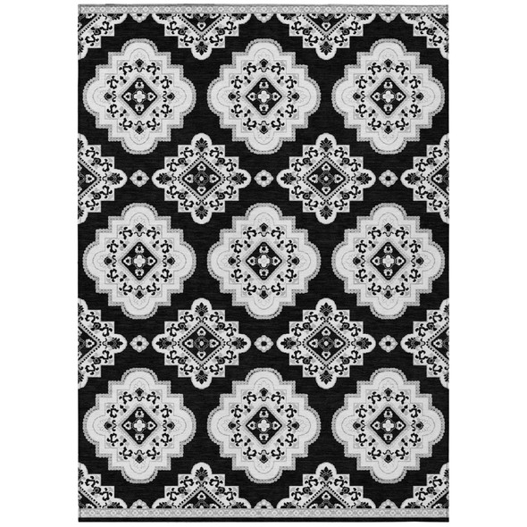10' X 14' Black And Ivory Medallion Washable Indoor Outdoor Area Rug