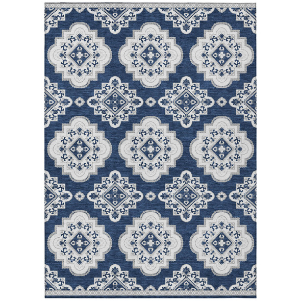 8' X 10' Navy Blue And Ivory Medallion Washable Indoor Outdoor Area Rug