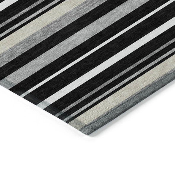 5' X 8' Black Ivory And Gray Striped Washable Indoor Outdoor Area Rug
