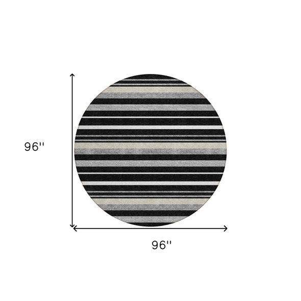 8' Black Ivory And Gray Round Striped Washable Indoor Outdoor Area Rug