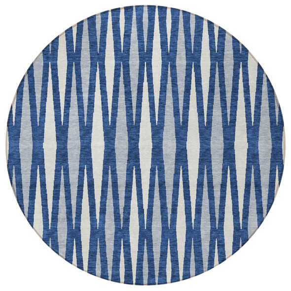 8' Navy Blue Gray And Ivory Round Geometric Washable Indoor Outdoor Area Rug