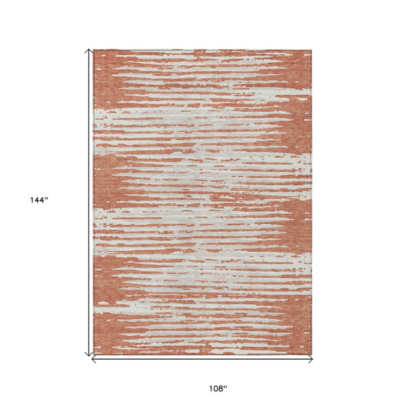 9' X 12' Coral And Ivory Striped Washable Indoor Outdoor Area Rug