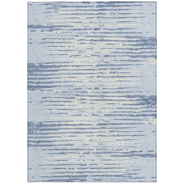 9' X 12' Sky Blue And Ivory Striped Washable Indoor Outdoor Area Rug