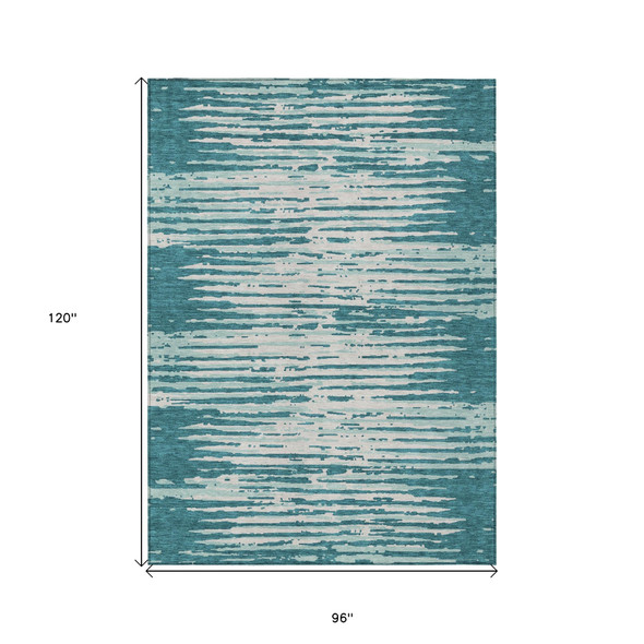 8' X 10' Teal Blue And Ivory Striped Washable Indoor Outdoor Area Rug