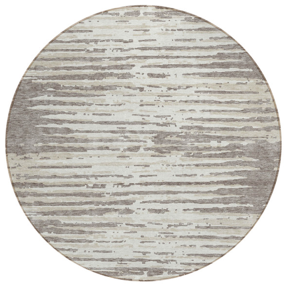 8' Taupe And Ivory Round Striped Washable Indoor Outdoor Area Rug