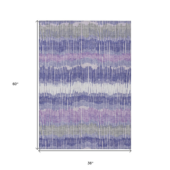 3' X 5' Purple And Gray Striped Washable Indoor Outdoor Area Rug