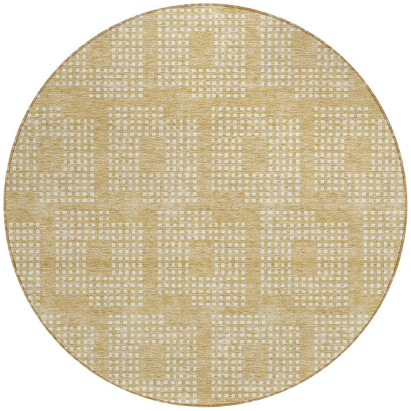 8' Gold And Ivory Round Geometric Washable Indoor Outdoor Area Rug