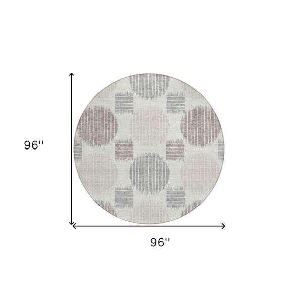 8' Ivory Brown And Gray Round Geometric Washable Indoor Outdoor Area Rug