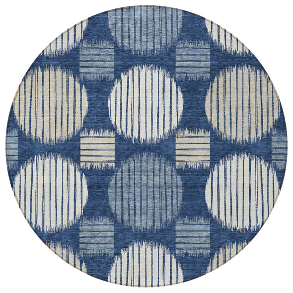 8' Navy Blue And Ivory Round Geometric Washable Indoor Outdoor Area Rug