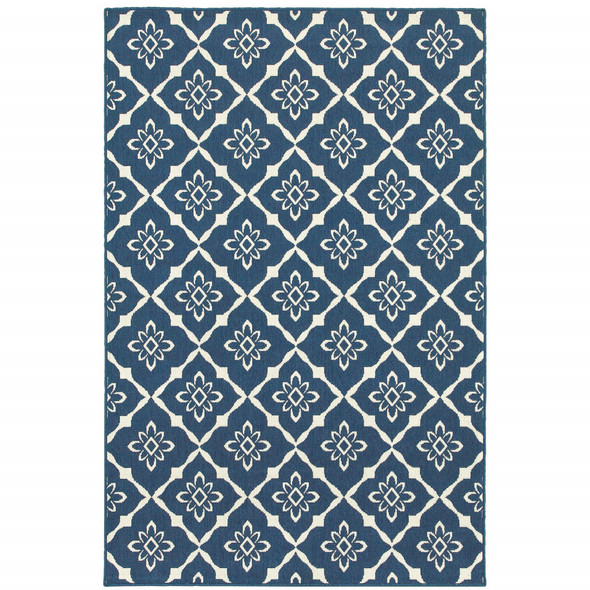 5' X 8' Blue and Ivory Floral Stain Resistant Indoor Outdoor Area Rug