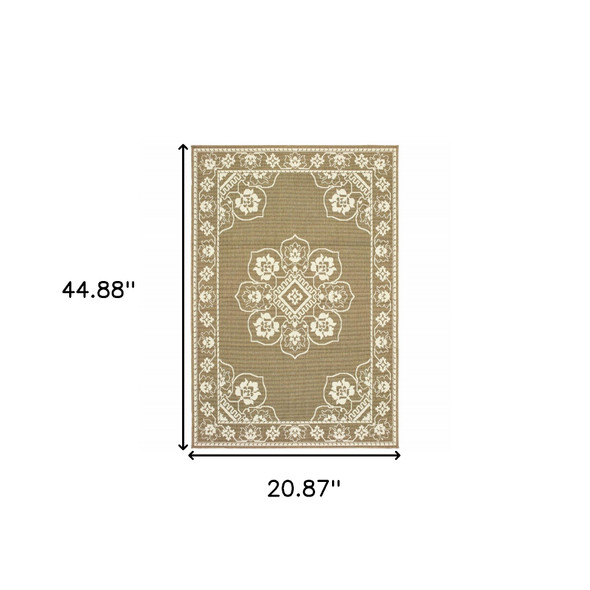 2' X 4' Tan Oriental Stain Resistant Indoor Outdoor Area Rug