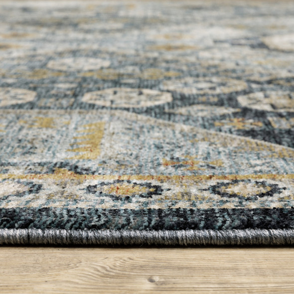 8' X 11' Blue And Gold Oriental Area Rug With Fringe