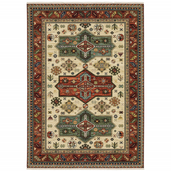 2' X 3' Brick Red Orange Rust Beige Gold Pale Blue Olive Navy And Black Oriental Power Loom Stain Resistant Area Rug With Fringe