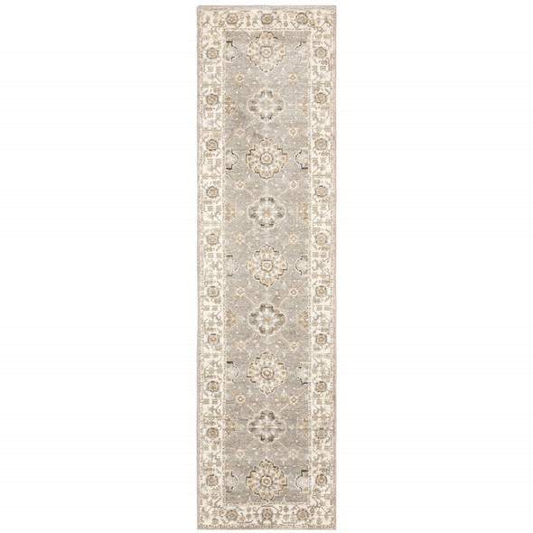 8' Gray And Ivory Oriental Runner Rug