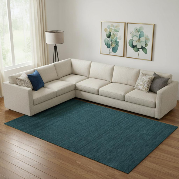 8' X 11' Blue And Green Wool Hand Woven Stain Resistant Area Rug