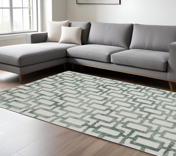 8' X 11' Ivory And Green Wool Geometric Tufted Handmade Area Rug
