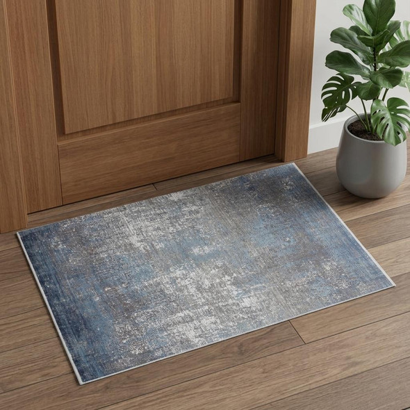 3' X 5' Blue and Gray Abstract Power Loom Distressed Area Rug With Fringe