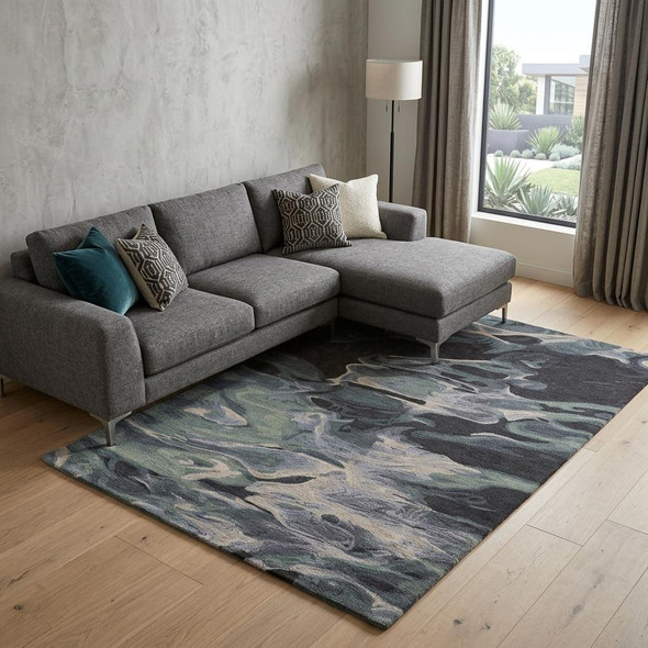 10' X 14' Blue and Black Wool Abstract Hand Tufted Area Rug