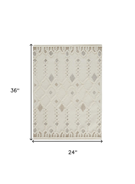 2' X 3' Ivory Tan And Silver Wool Geometric Tufted Handmade Stain Resistant Area Rug